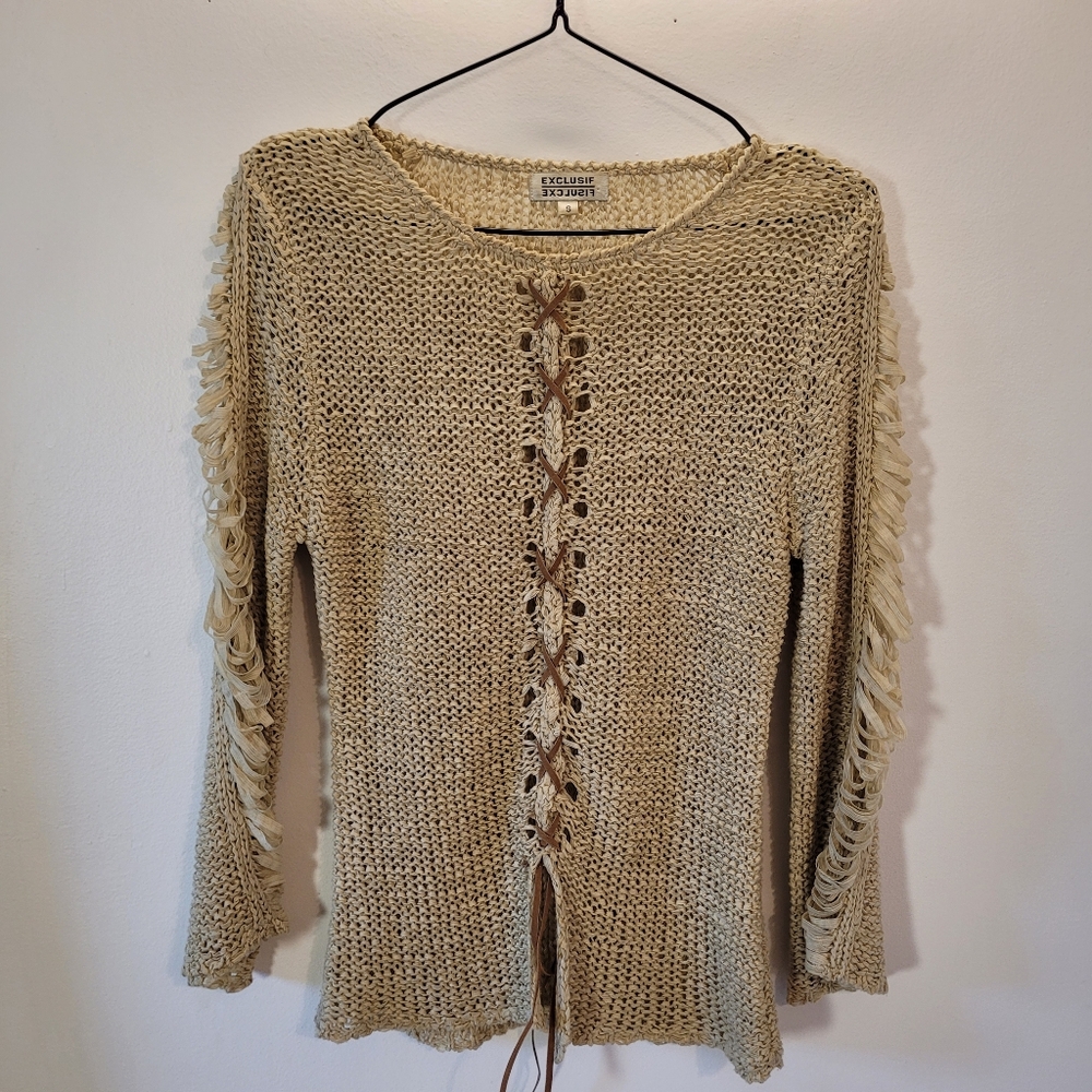 Vintage Exclusif Exclusif 90s Y2k Beige Knit Lace Up Slit Sleeves - S